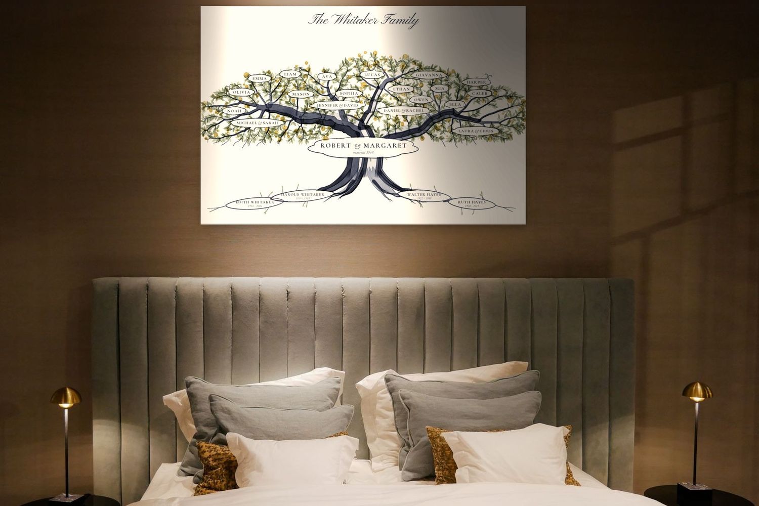 A 48 by 32 inch family tree canvas above a king bed