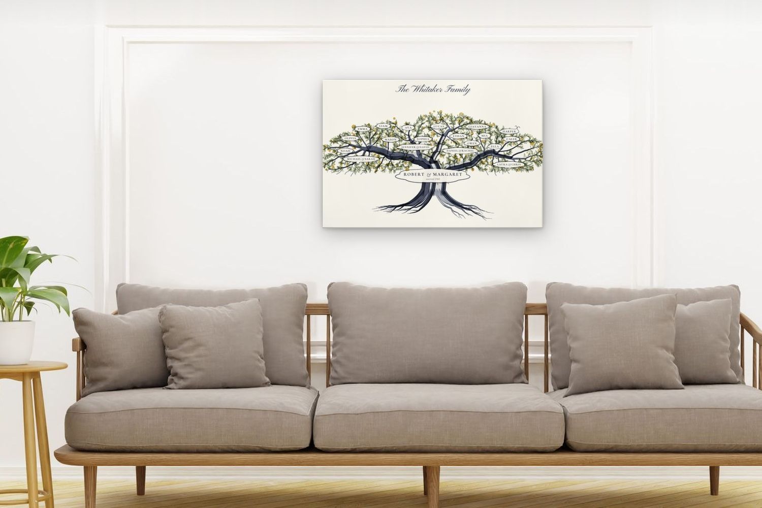 A grandparents family tree canvas with every grandchild by name, above a sofa