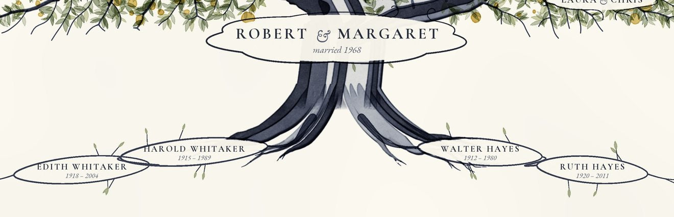 The roots of the tree with Harold Whitaker, Edith Whitaker, Walter Hayes and Ruth Hayes written where the roots split